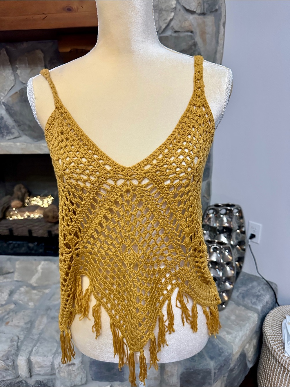Mustard Yellow Crochet Fringe Tank Top Small Boho Festival